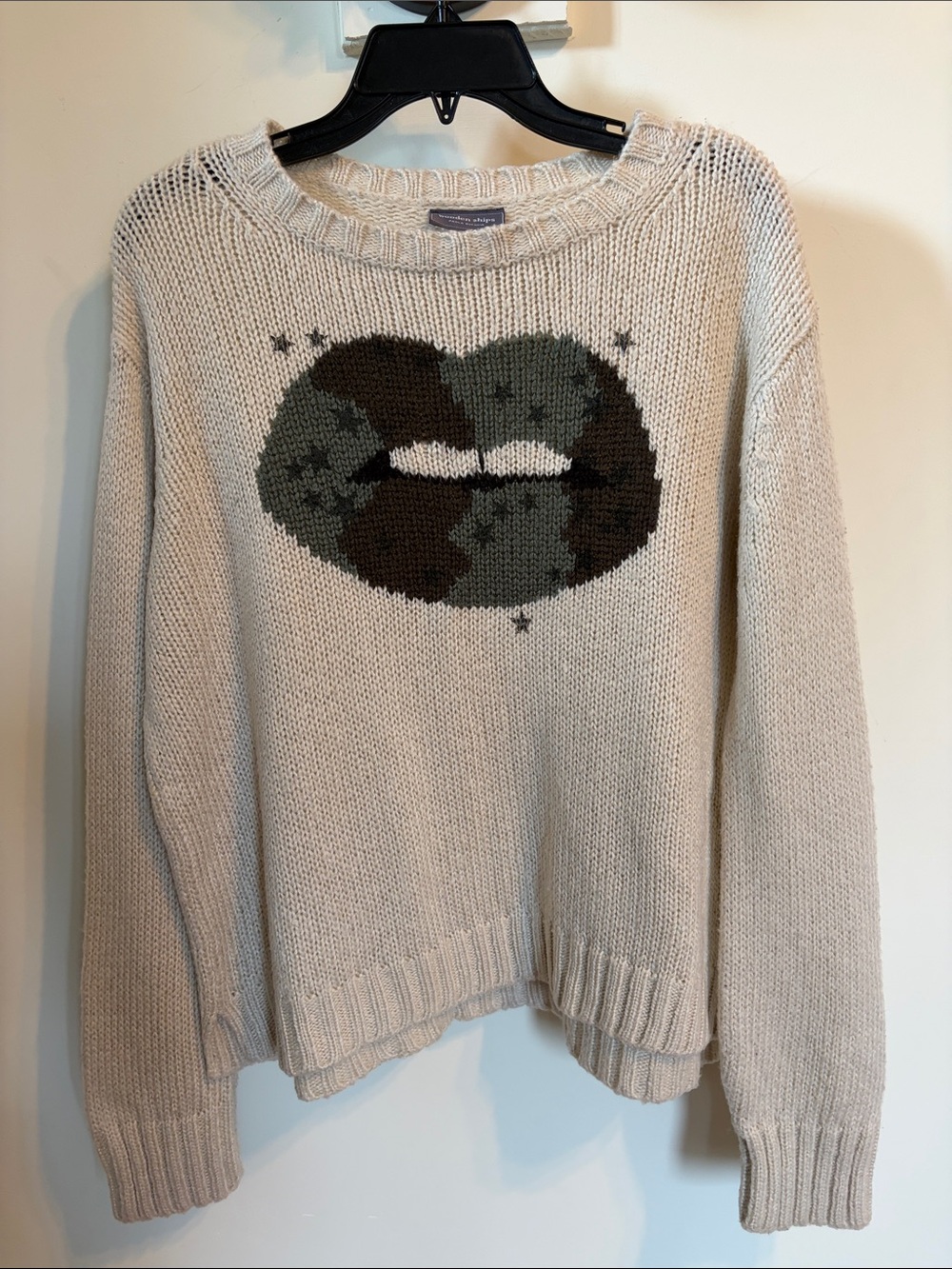 Wooden Ships Camo Lips Kiss Sweater Mohair Wool Blend Beige Oversized Knit S/M